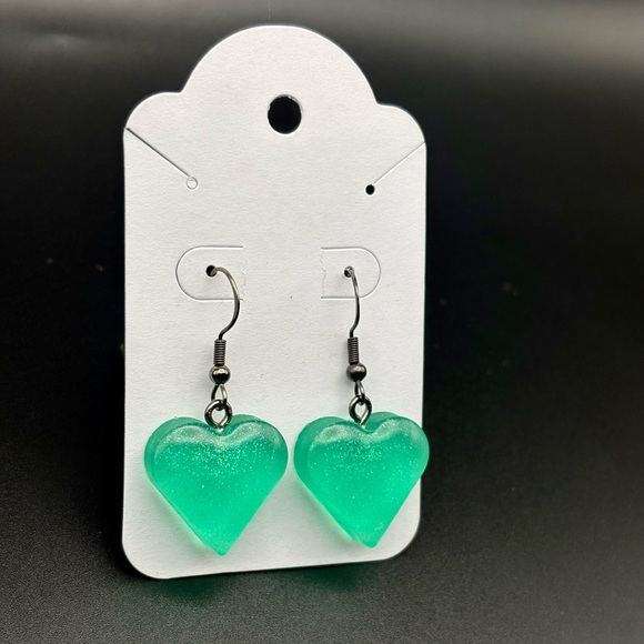 Green Glitter Heart Earrings- HANDMADE - Picture 2 of 3